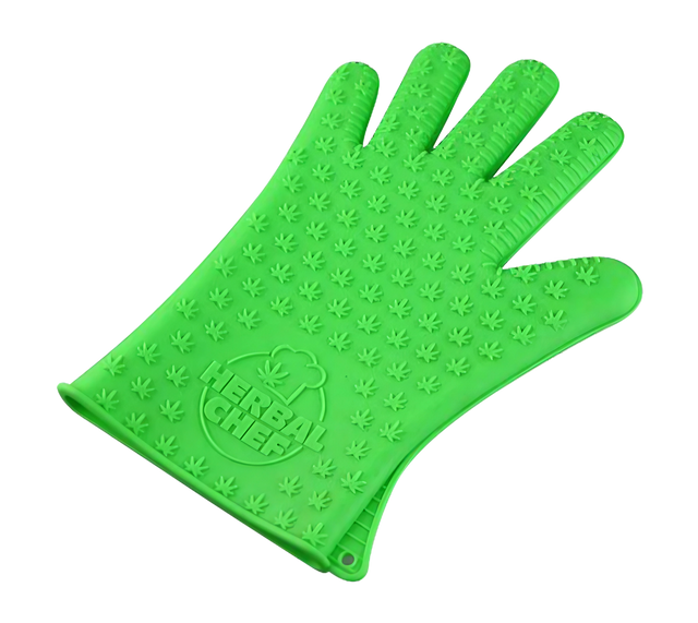 Pulsar Silicone Hot Glove in bright green with embossed cannabis leaves, front view on white background