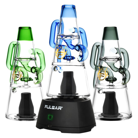 Pulsar Sipper Bubbler Recycler Cups in green, blue, and black, 6.75" borosilicate glass, front view