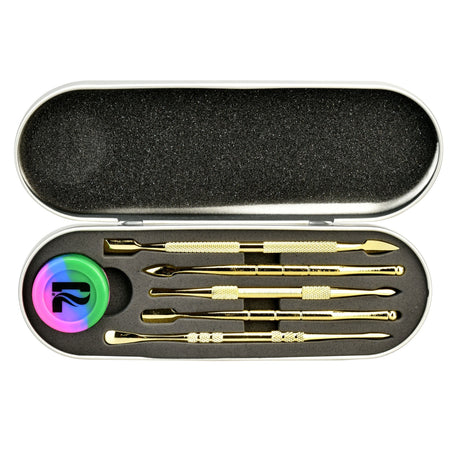 Pulsar Gold Six Piece Dabber Tool Set in Hard Case, Top View, with Silicone Container