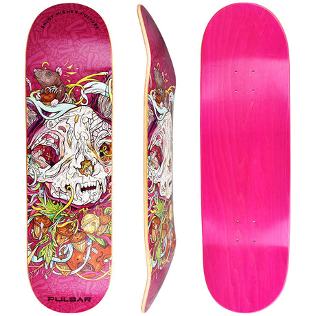 Pulsar SK8 Deck, 32.5" x 8.5", MrOw design, vibrant graphic top view and side angle