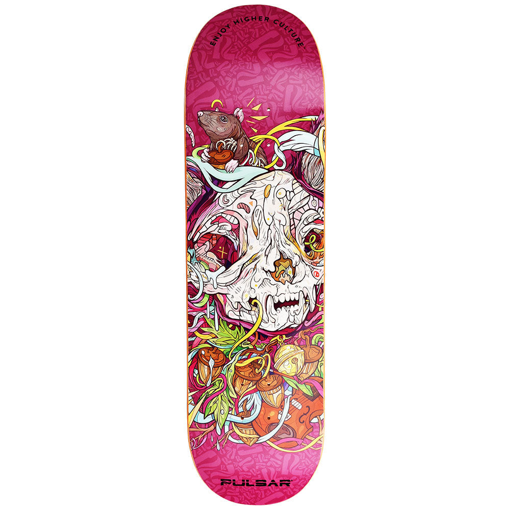 Pulsar SK8 Deck featuring MrOw design, 32.5" x 8.5" size, vibrant graphics on wood, front view