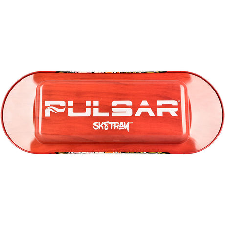 Pulsar SK8Tray Metal Rolling Tray in red with skate-inspired design, top view, 7.25"x19.75" size
