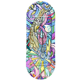 Pulsar SK8Tray Metal Rolling Tray featuring a vibrant Mechanical Owl design, top view on white background