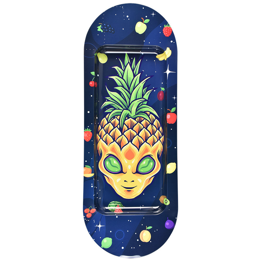 Pulsar SK8Tray Metal Rolling Tray with Pinealien design, 7.25"x19.75", cosmic fruit theme, top view