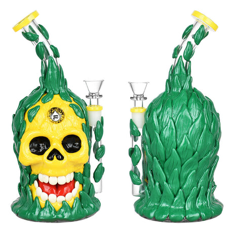 Pulsar Skull Pineapple Water Pipe, 10", 14mm Female Joint, Borosilicate Glass, Front and Side Views