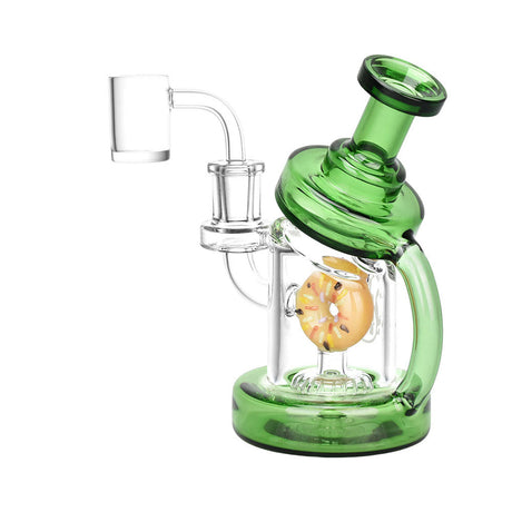 Pulsar Smoking Donuts Dab Rig in green, 6" tall, 14mm female joint, with donut design, side view