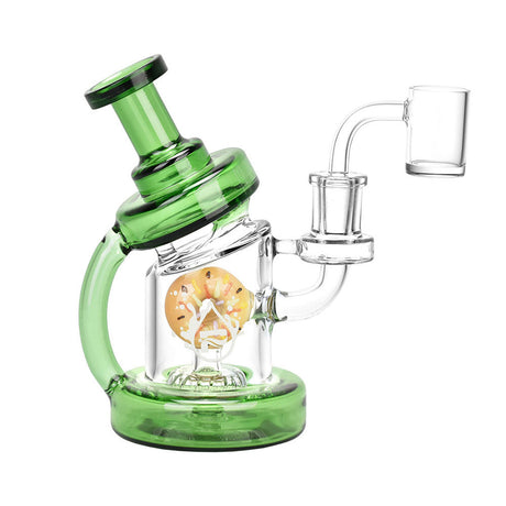 Pulsar Smoking Donuts Dab Rig in green, 6" size, 14mm female joint, with clear borosilicate glass, front view