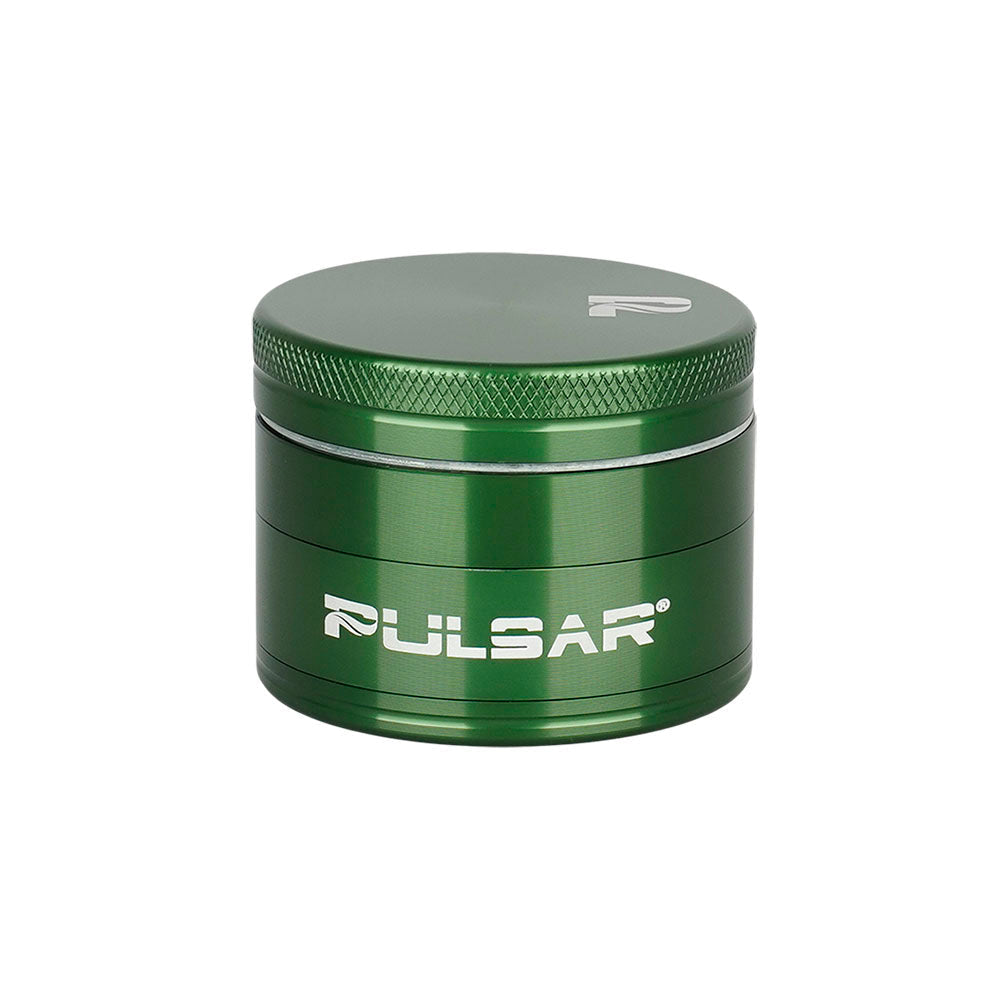 Pulsar Solid Top Aluminum Grinder in Green, 4pc with textured grip, front view on white background