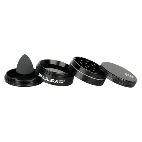 Pulsar Solid Top Aluminum Grinder, 4pc set with magnetic lid, disassembled view on white background