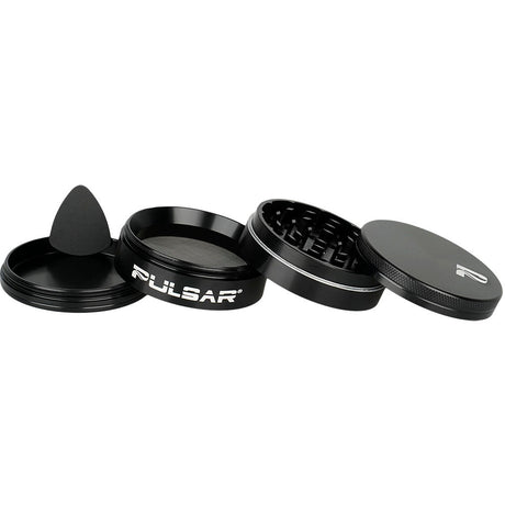 Pulsar Solid Top Aluminum Grinder, 4pc set with textured grip, displayed disassembled on white