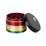 Pulsar Solid Top Aluminum Grinder, 4pc with textured grip, in rasta colors - angled view