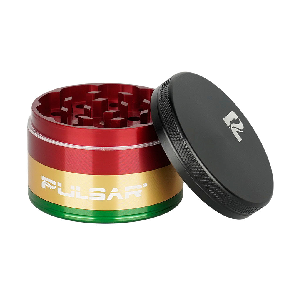 Pulsar Solid Top Aluminum Grinder, 4pc, with textured grip and multicolor design, side view