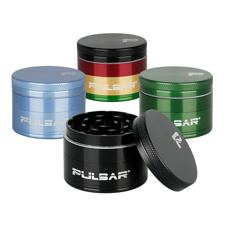 Pulsar Solid Top Aluminum Grinders in blue, red, green, and black, 4pc set with textured grip