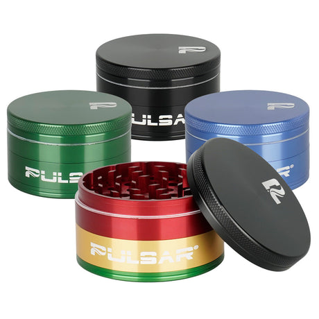 Pulsar Solid Top Aluminum Grinders, 4pc, in Various Colors with Logo - Front View