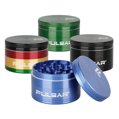 Pulsar Solid Top Aluminum Grinders in various colors with 4-piece design, front view