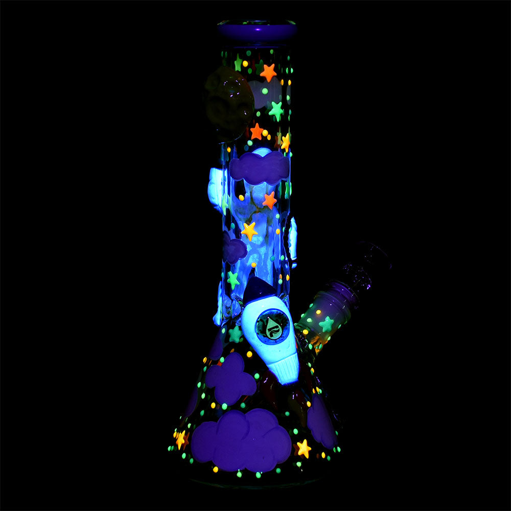 Pulsar Spaceman Beaker Water Pipe with glow-in-the-dark stars and astronaut design, 10-inch, 14mm female joint