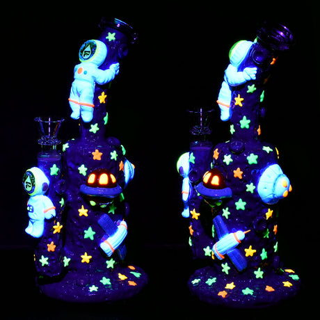 Pulsar Spaceman Water Pipe with glow-in-the-dark design, 9.5" tall, 14mm female joint, side view