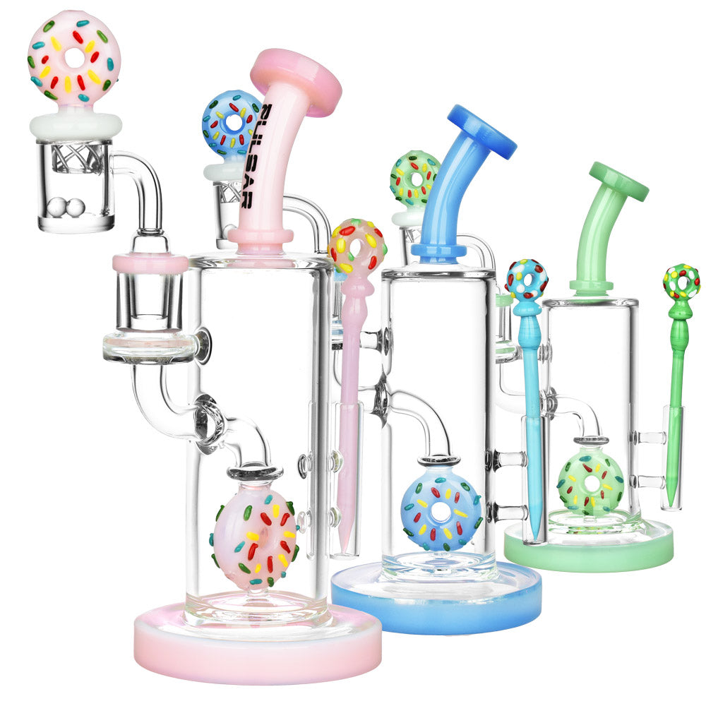 Pulsar Sprinkle Donut Dab Rig Set in various colors, 9" tall with 14mm female joint, borosilicate glass