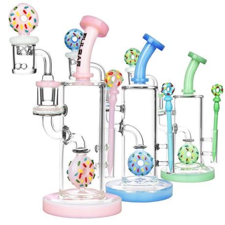Pulsar Sprinkle Donut Dab Rig Set in various colors, 9" tall with 14mm female joint, borosilicate glass