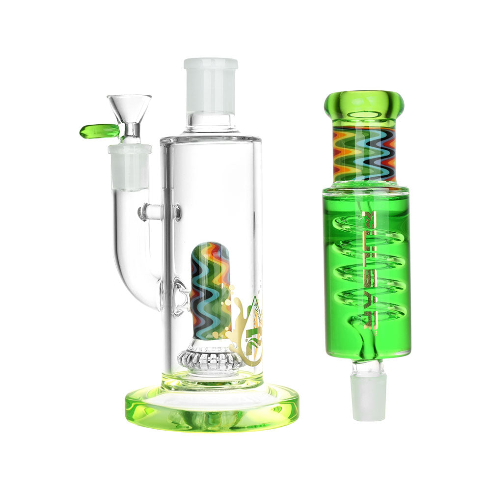 Pulsar Stackable Glycerin Water Pipe, 12.75" tall with a 14mm female joint, featuring a black color straight design and a detachable glycerin-filled freezer module for cool hits, on a white background