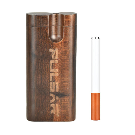 Pulsar Straight Wood Dugout with Twist Top next to a white chillum, portable design for dry herbs