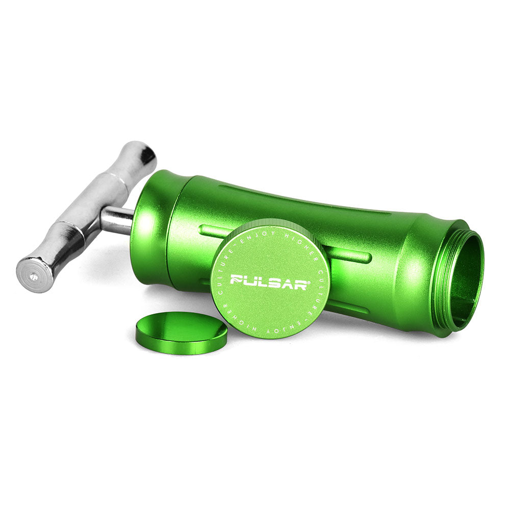 Pulsar T-Style Pollen Press in green aluminum, 1.3" x 4", with T-handle for easy use
