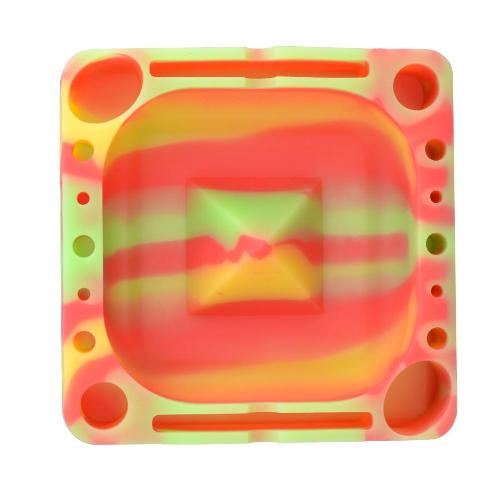 Pulsar Tap Tray in Rasta Glow, Silicone Rolling Accessory, 5.25" Square with Multiple Compartments