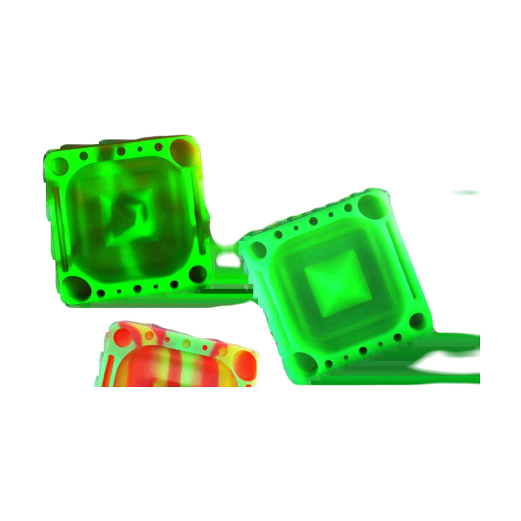 Pulsar Tap Tray silicone rolling accessories in green and red, top view, perfect for concentrates and dry herbs