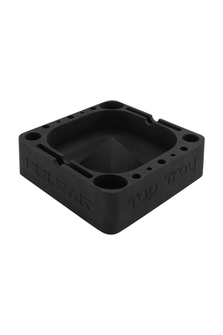 Pulsar Tap Tray in black silicone, angled view, with compartments for dry herbs and concentrates