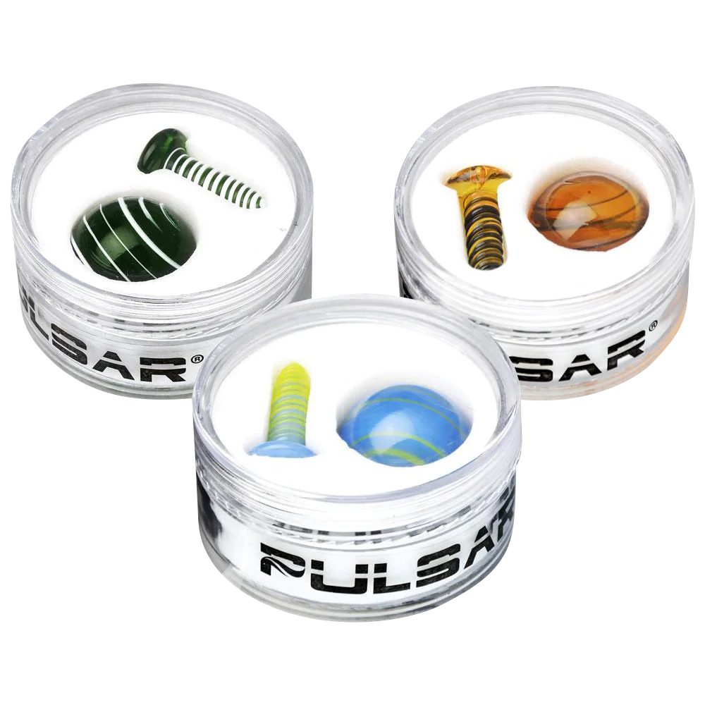 Pulsar Terp Slurper Screw & Marble Set for dab rigs, featuring heavy wall glass, top view