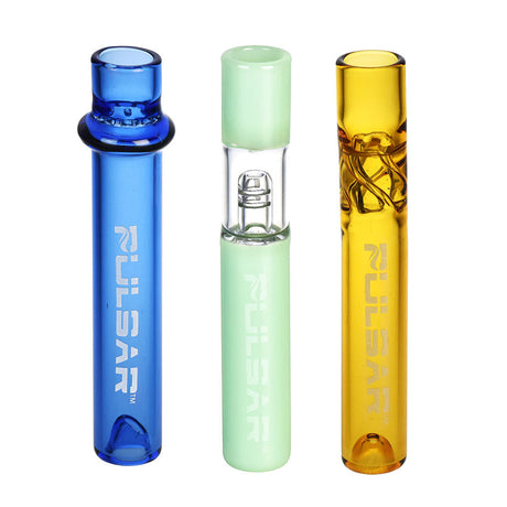 Pulsar Timeless Voyager Chillum Pipes in blue, green, and yellow borosilicate glass, 4-inch, front view