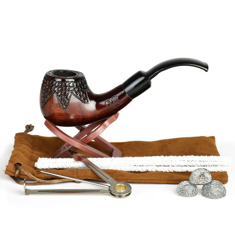 Pulsar Engraved Rosewood Tobacco Pipe with accessories on a white background