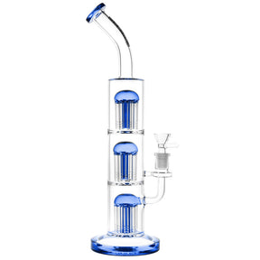 Pulsar Triple Jellyfish Perc Water Pipe in Blue, 14" Borosilicate Glass, Front View on White Background