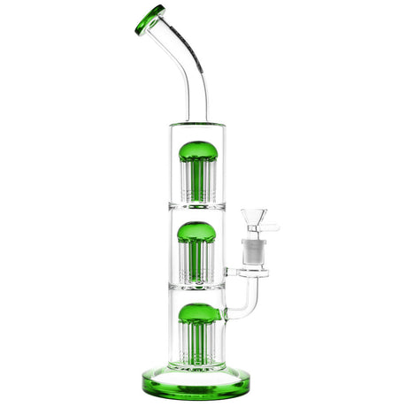 Pulsar Triple Jellyfish Perc Water Pipe, 14" Borosilicate Glass, Green Accents, Front View
