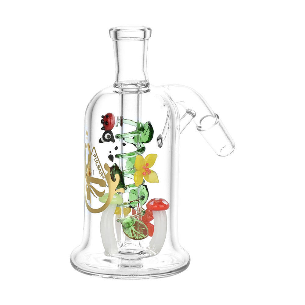 Pulsar Trippy Garden Ash Catcher with 14mm joint, 45/90 degree options, featuring colorful garden design