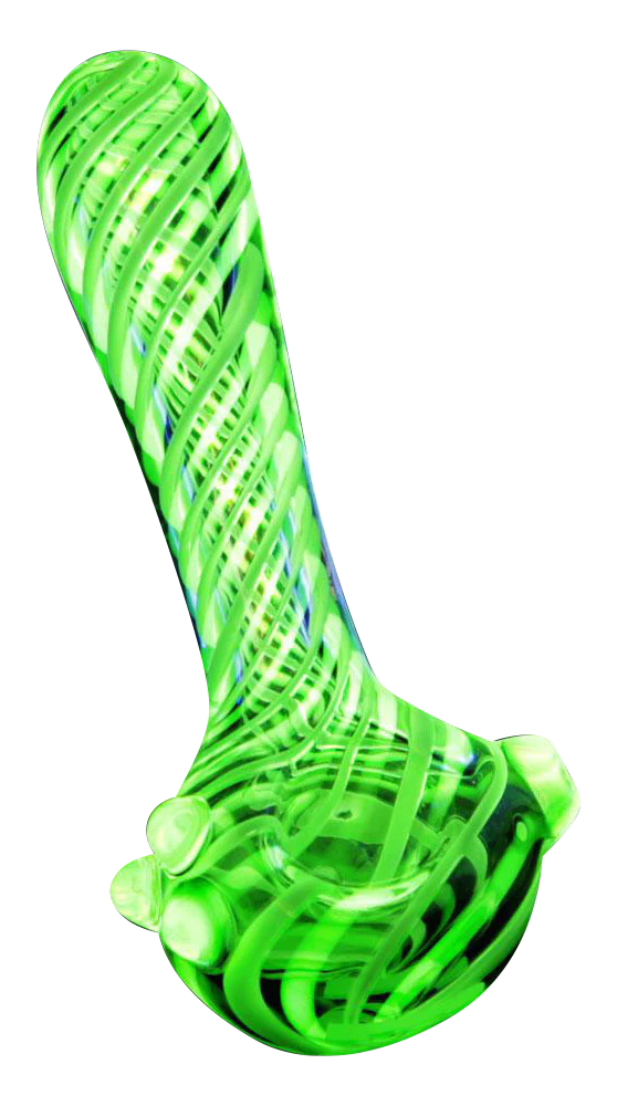 Pulsar UV Candy Stripe Spoon Pipe, 4.5" Borosilicate Glass, UV Reactive, Angled View