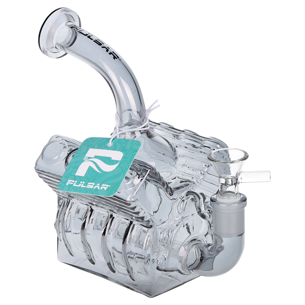Pulsar V8 Engine Electroplated 6.5 inch smoke bong, a novelty glass water pipe shaped like an engine