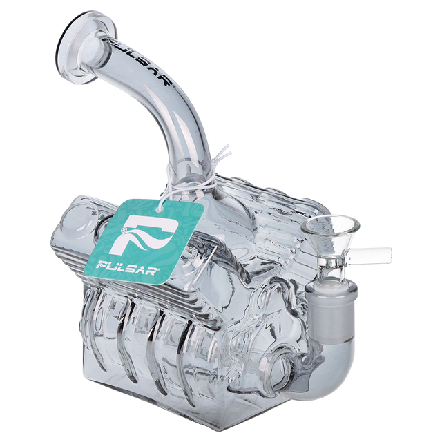 Pulsar V8 Engine Electroplated 6.5 inch smoke bong, a novelty glass water pipe shaped like an engine