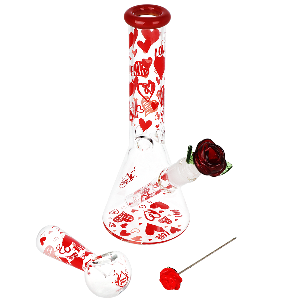 Pulsar Valentine's Hearts 'n' Roses Glass Herb Pipe Duo | 10" | 14mm F