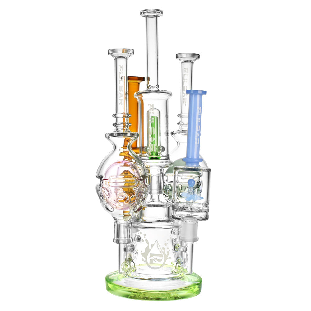 Pulsar Vapor Vessel Stand front view, 5.5" tall, 14mm male joint, with borosilicate glass design