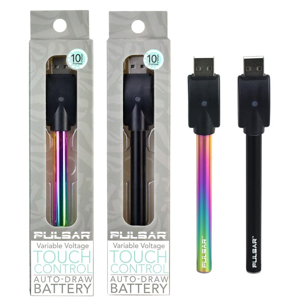 Pulsar Auto-Draw Vape Battery with variable voltage, black and rainbow, front and side views