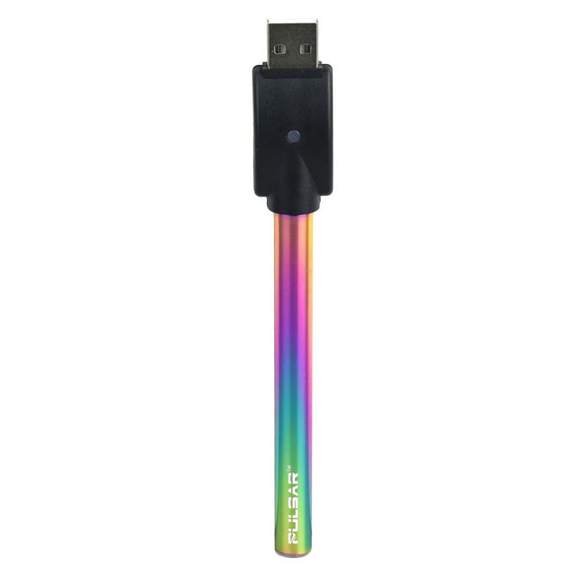 Pulsar Auto-Draw Vape Battery with variable voltage, sleek black finish and rainbow design, front view.