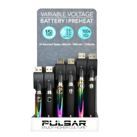 Pulsar Variable Voltage Vape Pen Batteries, 24-Pack in Black and Rainbow, Front View
