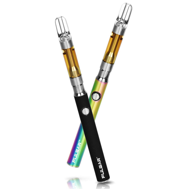 Pulsar Variable Voltage Vape Pen Batteries in Black and Rainbow, Front View with Cartridges