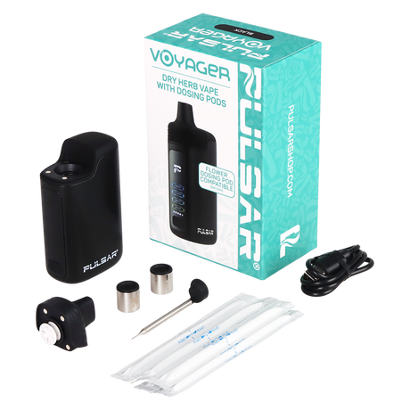 Pulsar Voyager dry herb vaporizer in black with USB-C charging, haptic feedback, and a 2000mAh battery