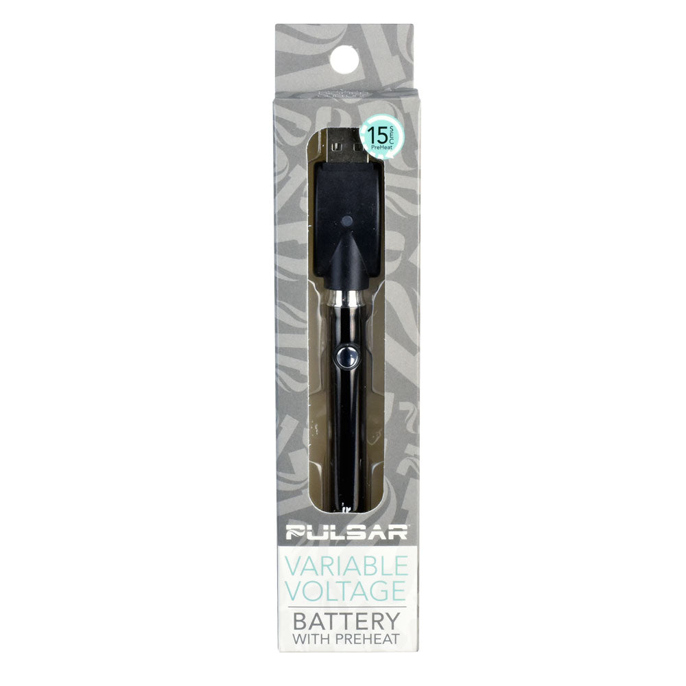 Pulsar VV Battery with Preheat feature, 510 thread, front view on packaging, ideal for vaporizers