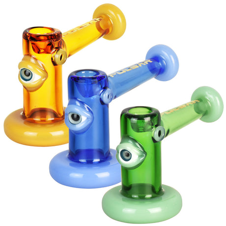 Pulsar Watcher Mini Dry Hammer Pipes in assorted colors with eye design, made of borosilicate glass