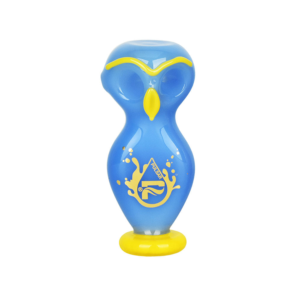 Pulsar Wise Owl Double Bowl Hand Pipe in Blue, Borosilicate Glass, Front View