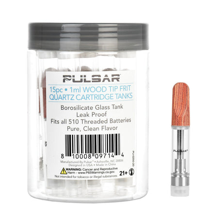 Pulsar Quartz Frit Cartridge Tanks with Wood Tip, 1mL, 15 Pack, Front View on White Background