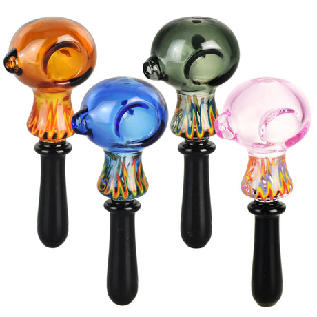 Pulsar Woozy Wig Wag Hand Pipes in various colors with unique swirl designs, front view on white background